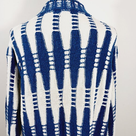 Lafayette 148 New York Cotton & Silk Cardigan, Blue & White Geometric, Size MED - Picture 8 of 14